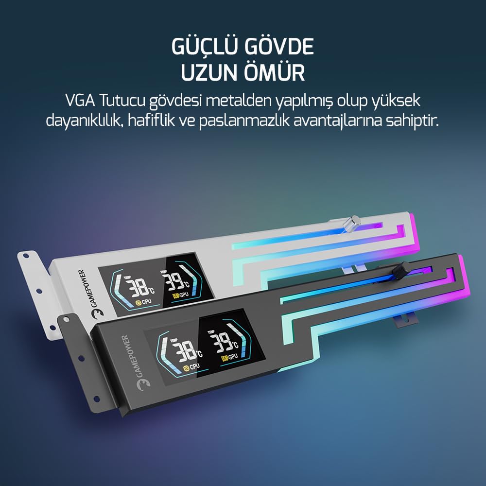 GAMEPOWER Heatsync ARGB LCD Support de carte graphique Noir - Support GPU avec affichage de la température CPU/GPU en temps réel - Écran 2,64" - Synchronisation ARGB 5 V 3 broches - Construction en