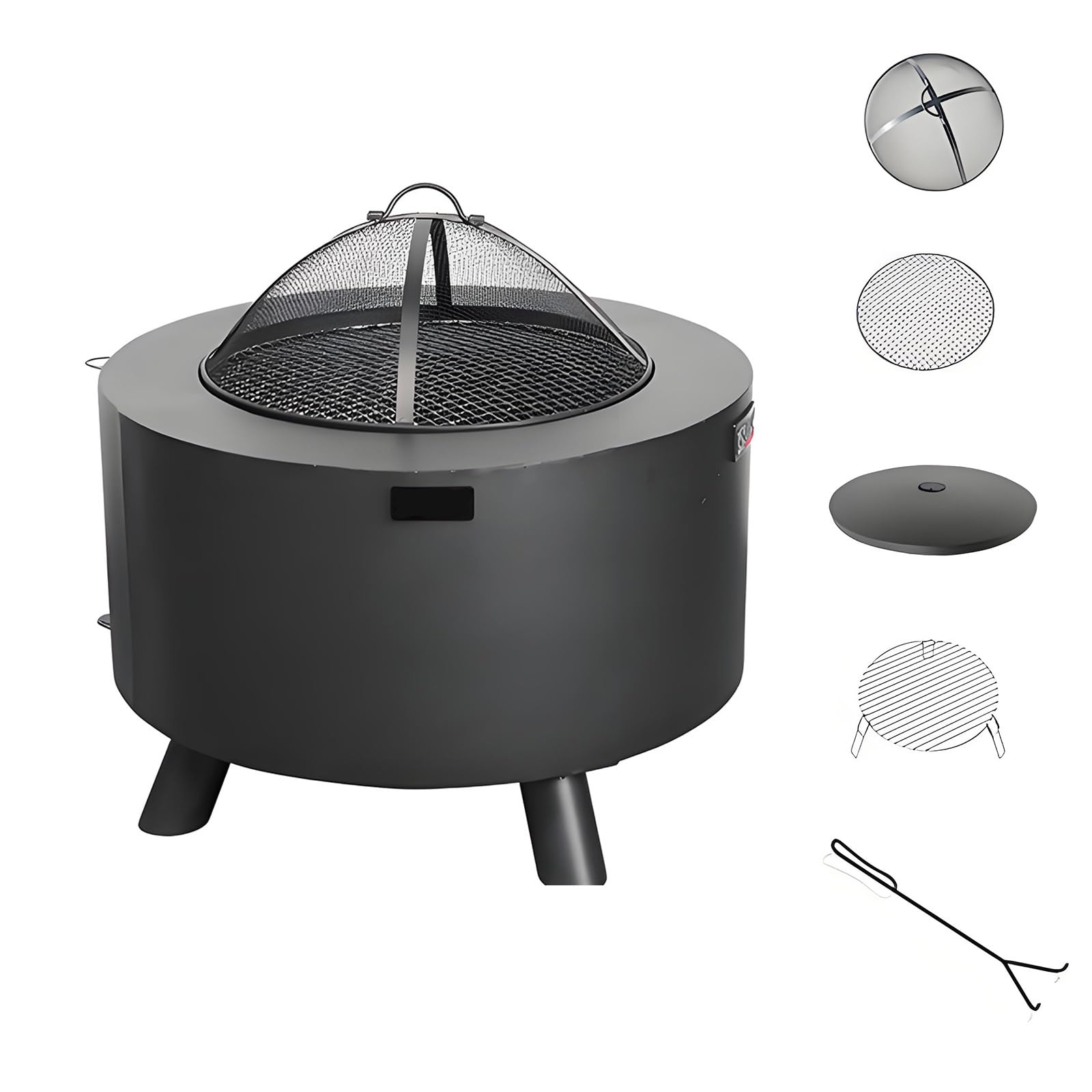 Stufa a Legna da Campeggio 60cm In Acciaio Al Carboniobraciere Portatile con Riscaldamento a 360°, Griglia e Piano Tavolo per Esterni e Giardino