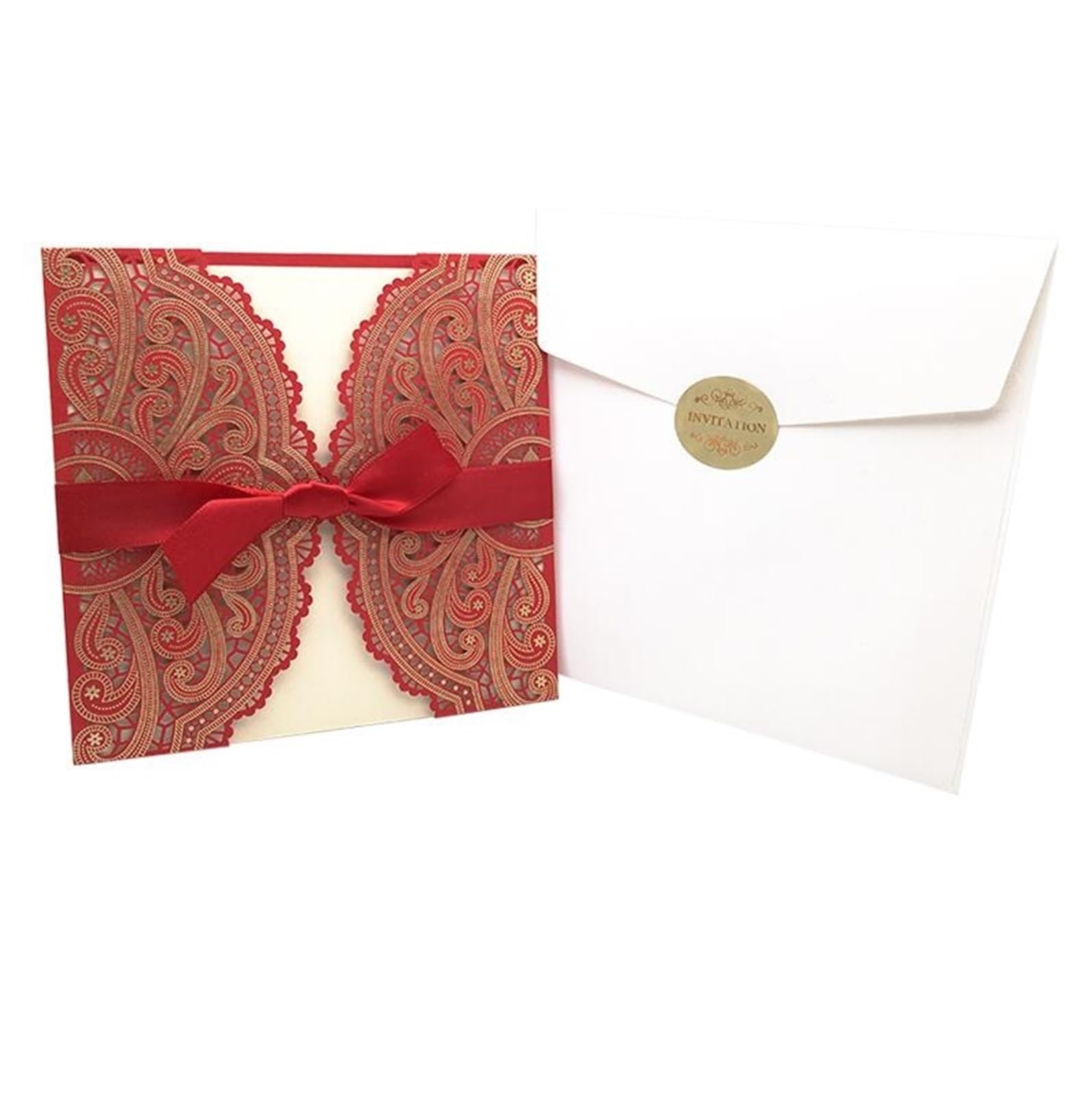 Hochzeitseinladungen Karte 10 Stücke Laser Cut Floral Hochzeitseinladungskarte Spitze Grußkarte Benutzerdefinierte Mit Band Geburtstag Verlobung Hochzeit Partei Liefert(One Set Red)