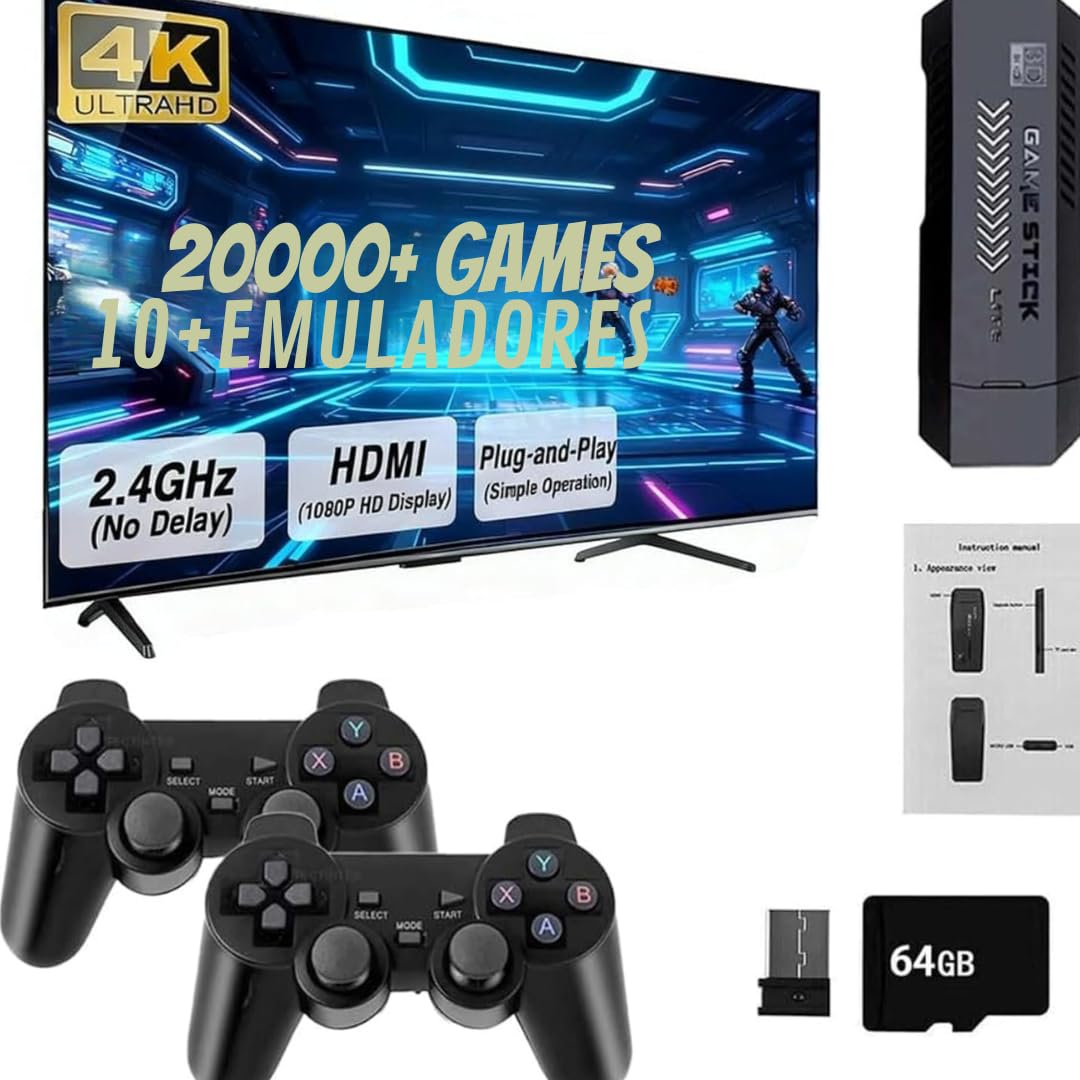 Retro Game Console with 20000+ Games, 64GB, 2 Wireless Controls, Compatible with 4K, Arcade Console Plug & Play