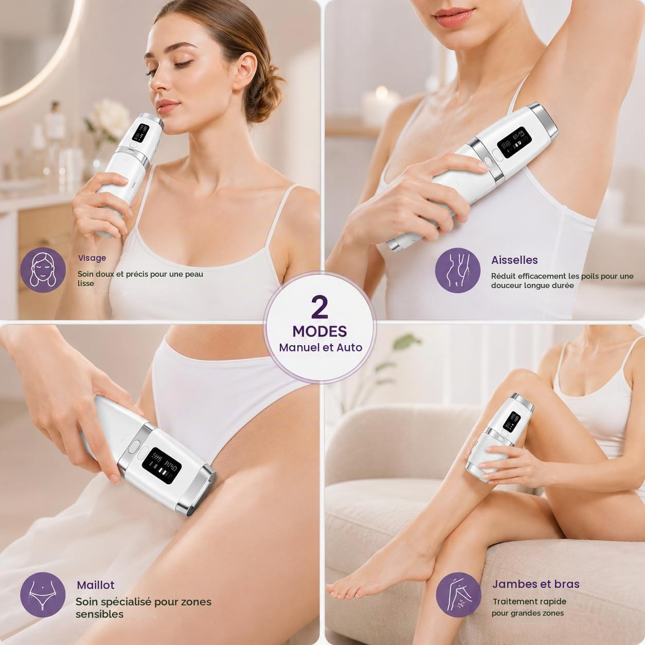 Epilateur Electrique Femme, IPL avec Controle de Temperature, Epilateur Lumiere Pulsee, Pour Visage, Aisselles Et Corps, kit Epilation Cire,Double Mode Manuel Et Automatique, Blanc perlé