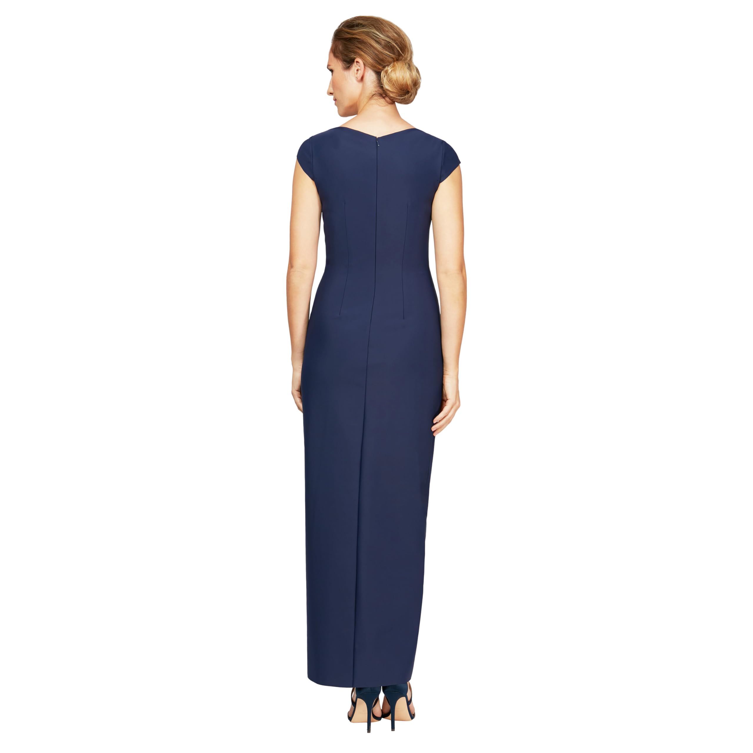 Alex Evenings Women's Slimming Long Cap Sleeve Dress with Side Beaded Detail: 12 Navy