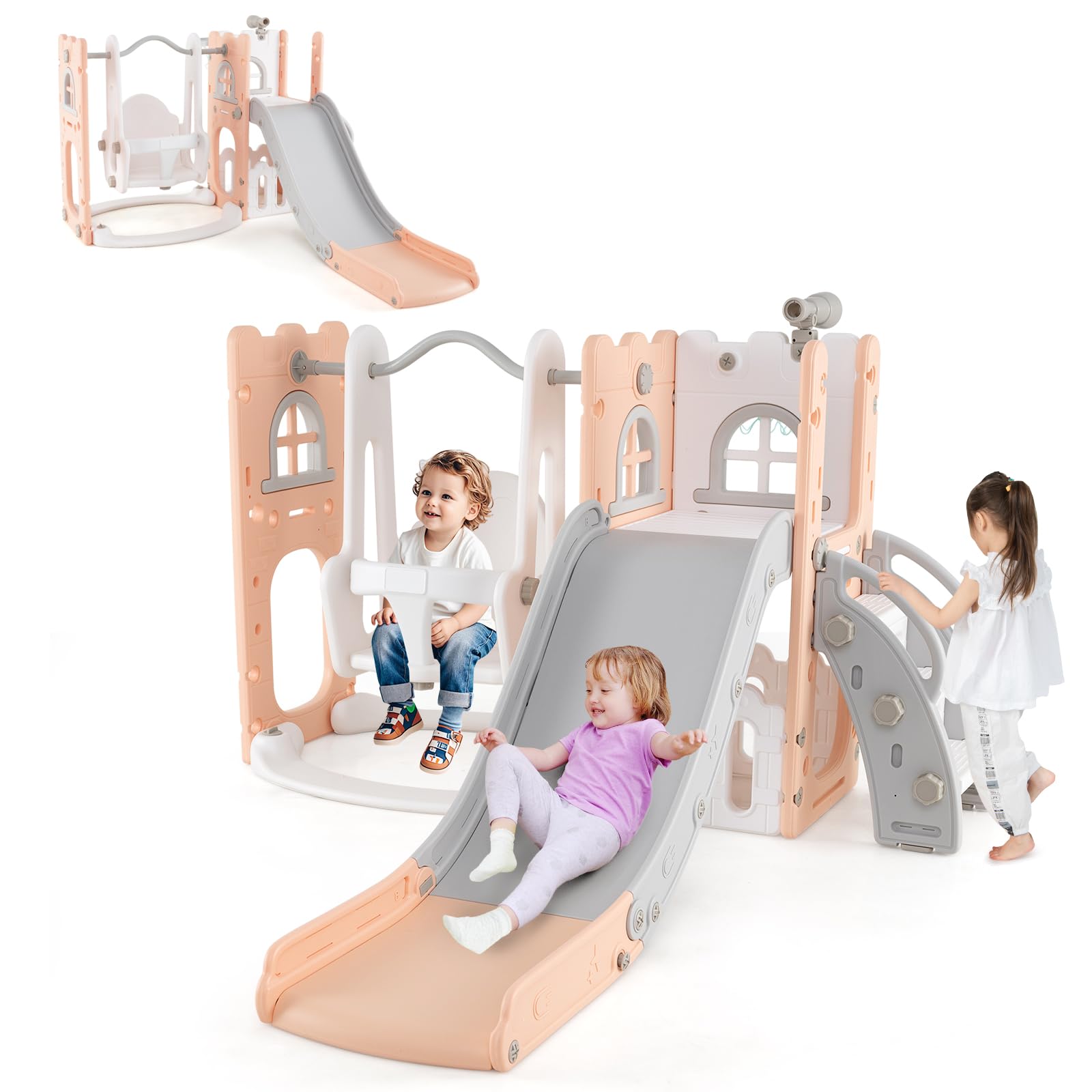 HOMASIS 7 in 1 Scivolo per Bambini da 1 a 3 Anni, Altalena Interna per Bambini con Scala, Telescopio, Canestro da Basket e Spazio di Stoccaggio, Area Giochi, Abilità Motorie (Rosa)