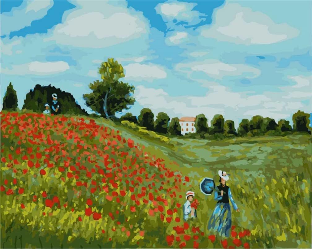 YEESAM ART Paint by Numbers for Adults, Poppies at Argenteuil by Monet 16x20 Inch Linen Canvas Acrylic DIY Number Painting Kits Wall Art Decor Gifts (Framed)