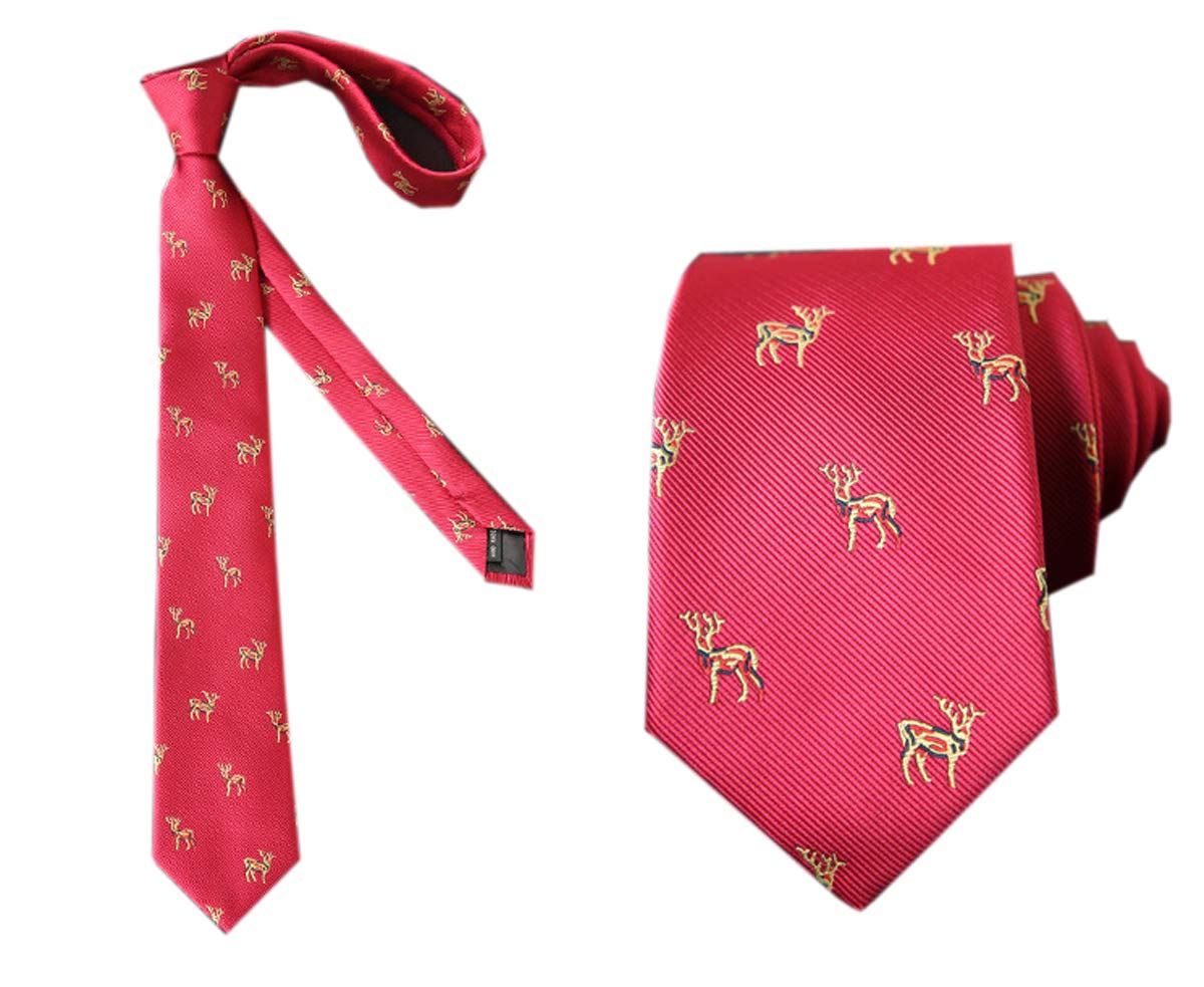 Acvip Men's Deer Red Animal Embroidered Ties Woven Jacquard Wedding Party Necktie (Deer Red)