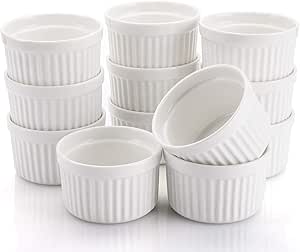 Foraineam Set of 12 Porcelain Ramekins Bakeware 120ml White Baking Cups Oven Safe Ramekins Bowls Set Souffle Dishes Dessert Custard Baking Cups for Baking, Cooking, Serving