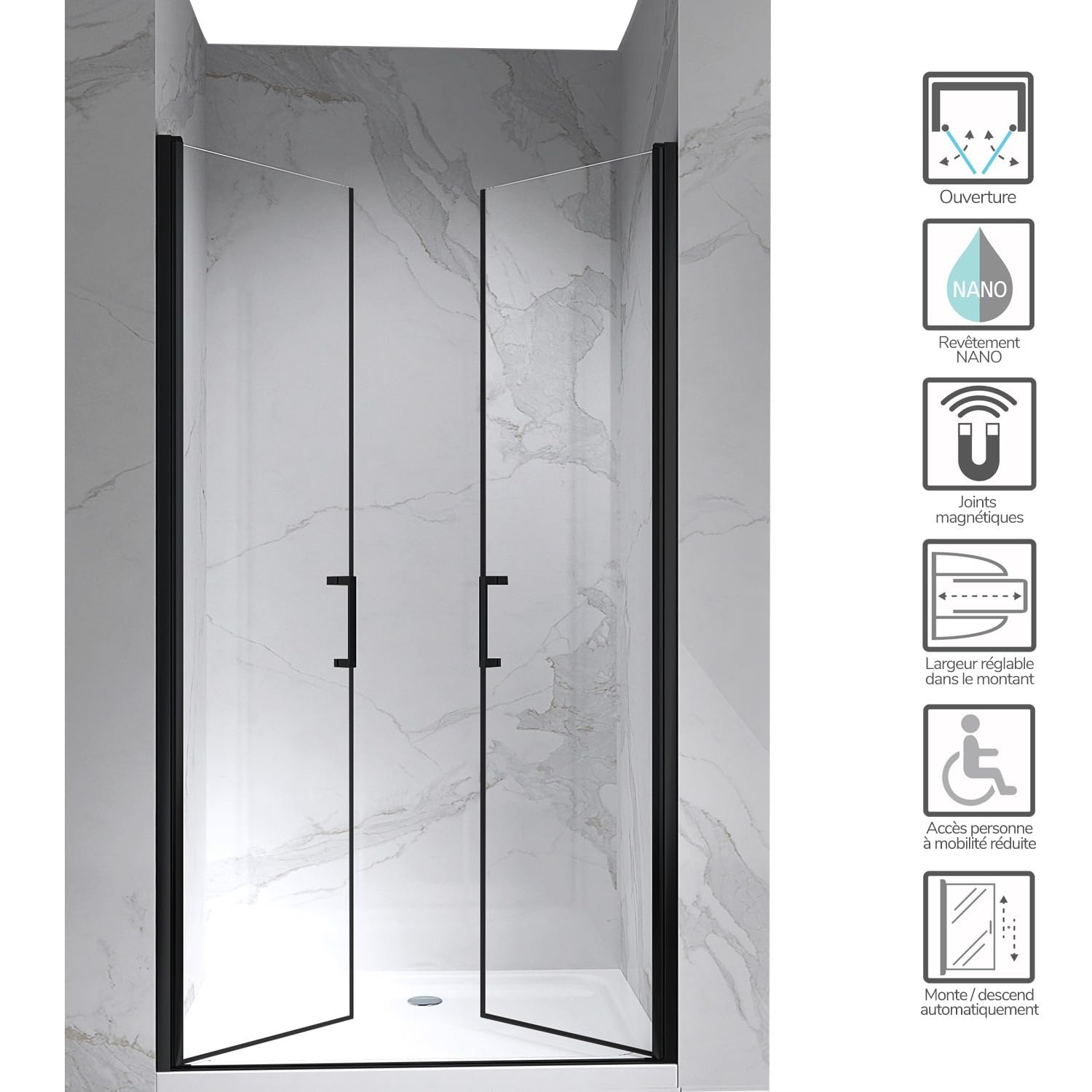 KAYA-BLACK Porte de douche H. 195 cm, largeur réglable 77-80 cm, verre transparent anticalcaire
