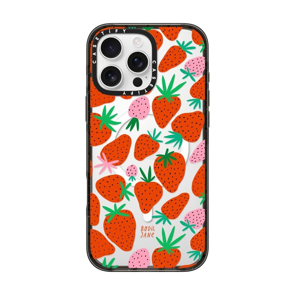 CASETiFY Impact Case for iPhone 16 Pro Max [Slim / 8.2 ft. 4X Military Grade Drop Protection/Compatible with Magsafe] - Strawberries - Clear Black