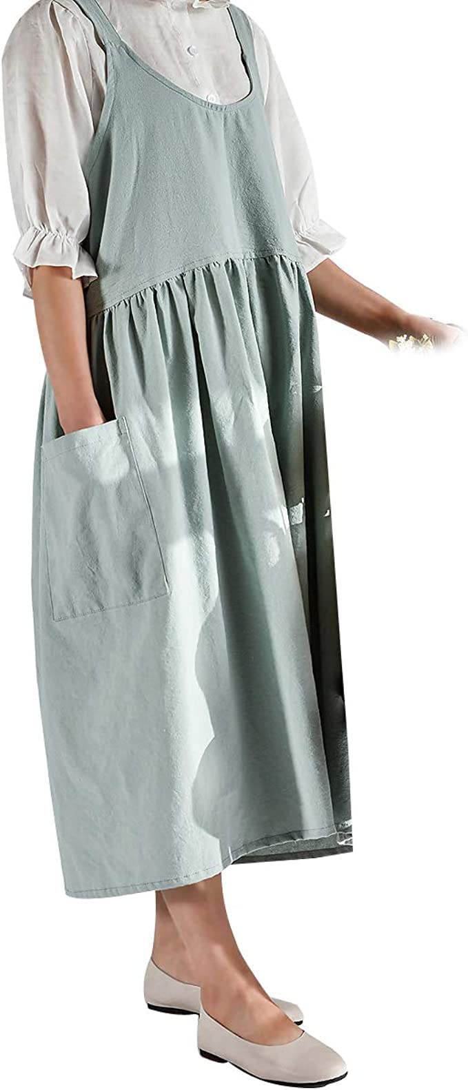 Upxiang Women Retro Literature Art Cotton Linen Cross Back Apron Flower Shop Clothing Cafe Kitchen Cooking Casual Apron - Image 3