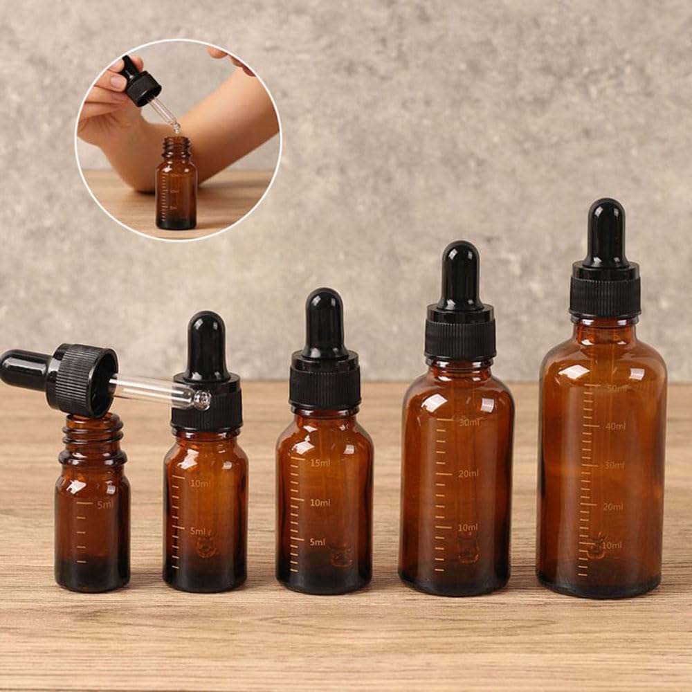 50PCS 5-100ML Empty Amber Glass Essential Oil Dropper Bottles Refillable Oil Container With Scale Reagent For Eye Drop Oils Aromatherapy Liquid Pipette Refillable Containers (50ML)