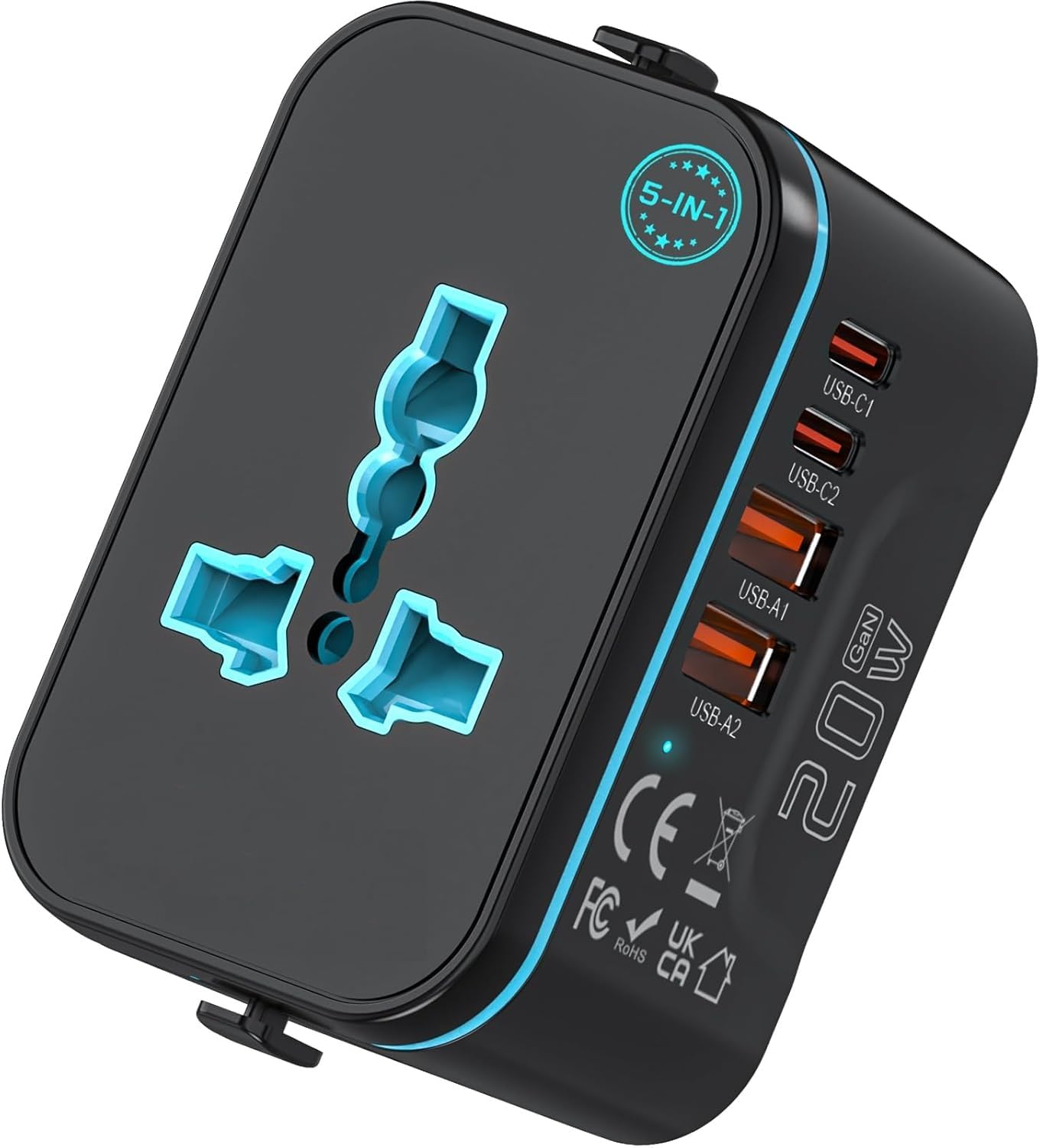 rts 5 in 1 Universal Charger Adapter PD20W, with 2 Type C 2 USB Port Universal Travel Adapter, Travel Essentials 2 USB-C 3.4A Worldwide International Universal Travel Adapter All in one Travel Plug