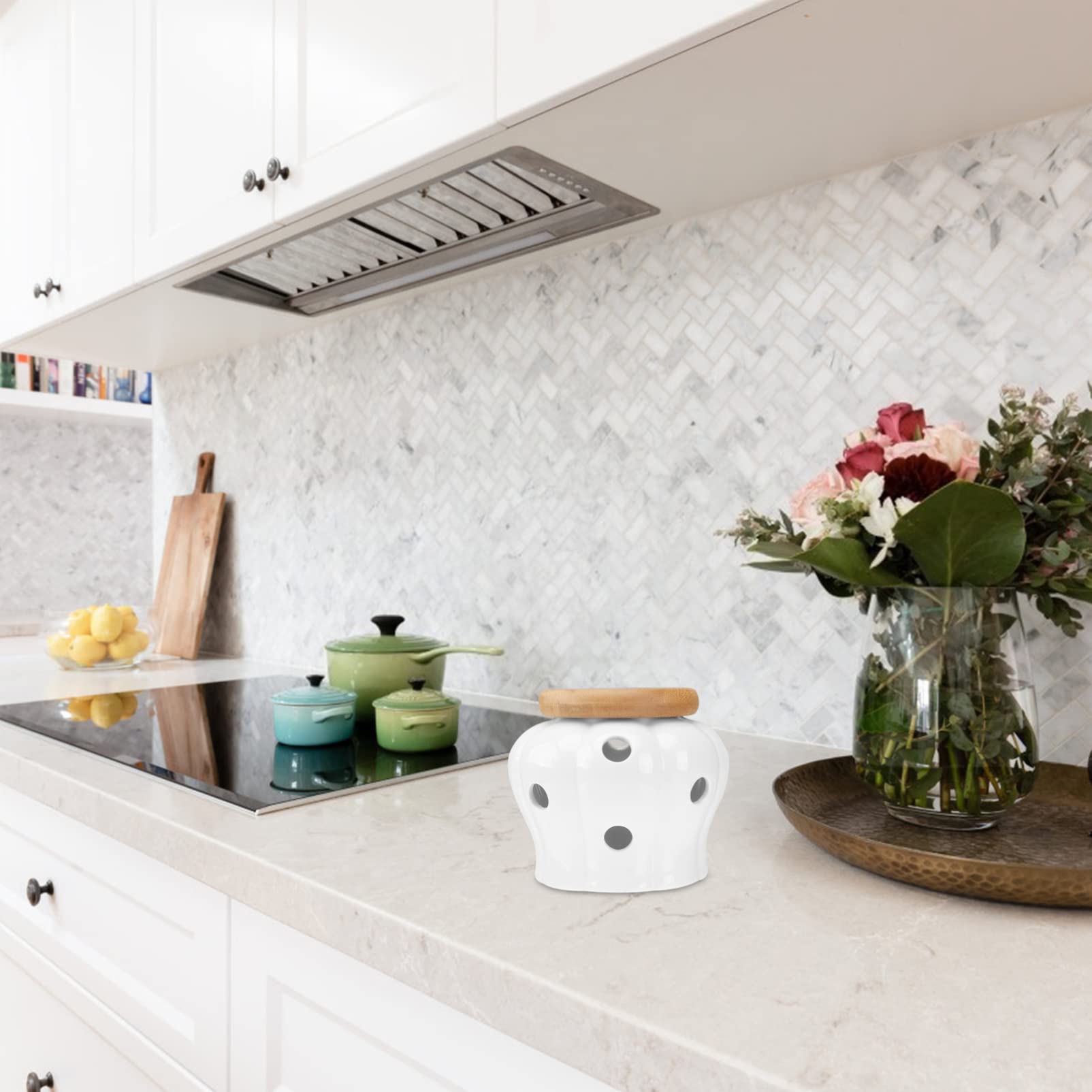 DOITOOL Garlic Keeper Garlic Keeper Ceramic Vented Garlic Holder Garlic Canister Onion Keeper Storage Container with Lids for Garlic Onion Lemon Potato Ginger Shallots Onion Keeper