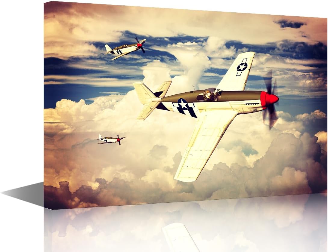 1 Piece Canvas Wall Art P-51B Mustang Fighter Bedroom Decor Military Aircraft Fighter Wall Decorations for Living Room WW2 Fighter Plane Bathroom Decor Wall Art Framed Ready to Hang (24''Wx 36''H)