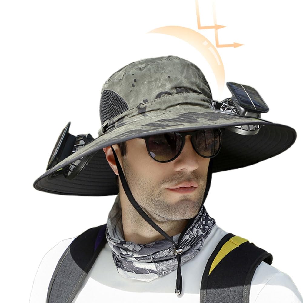 Solar Powered Fan Hat for Men Women, 2025 New Breathable Wide Brim Solar Fan Hat Outdoor Fishing, Hiking, Beach