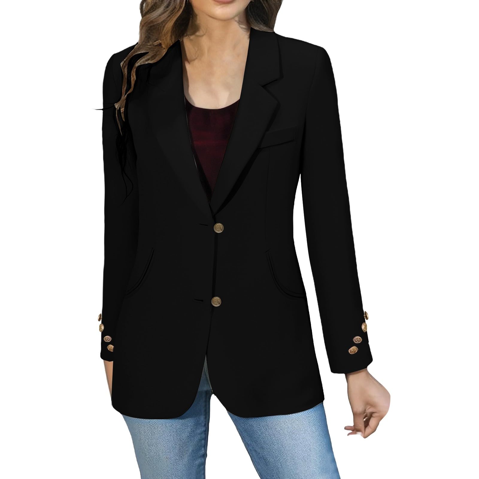 Womens Casual Blazer Jacket Gold Button Long Sleeve Work 0ffice Blazers Lapel Open Front Jackets