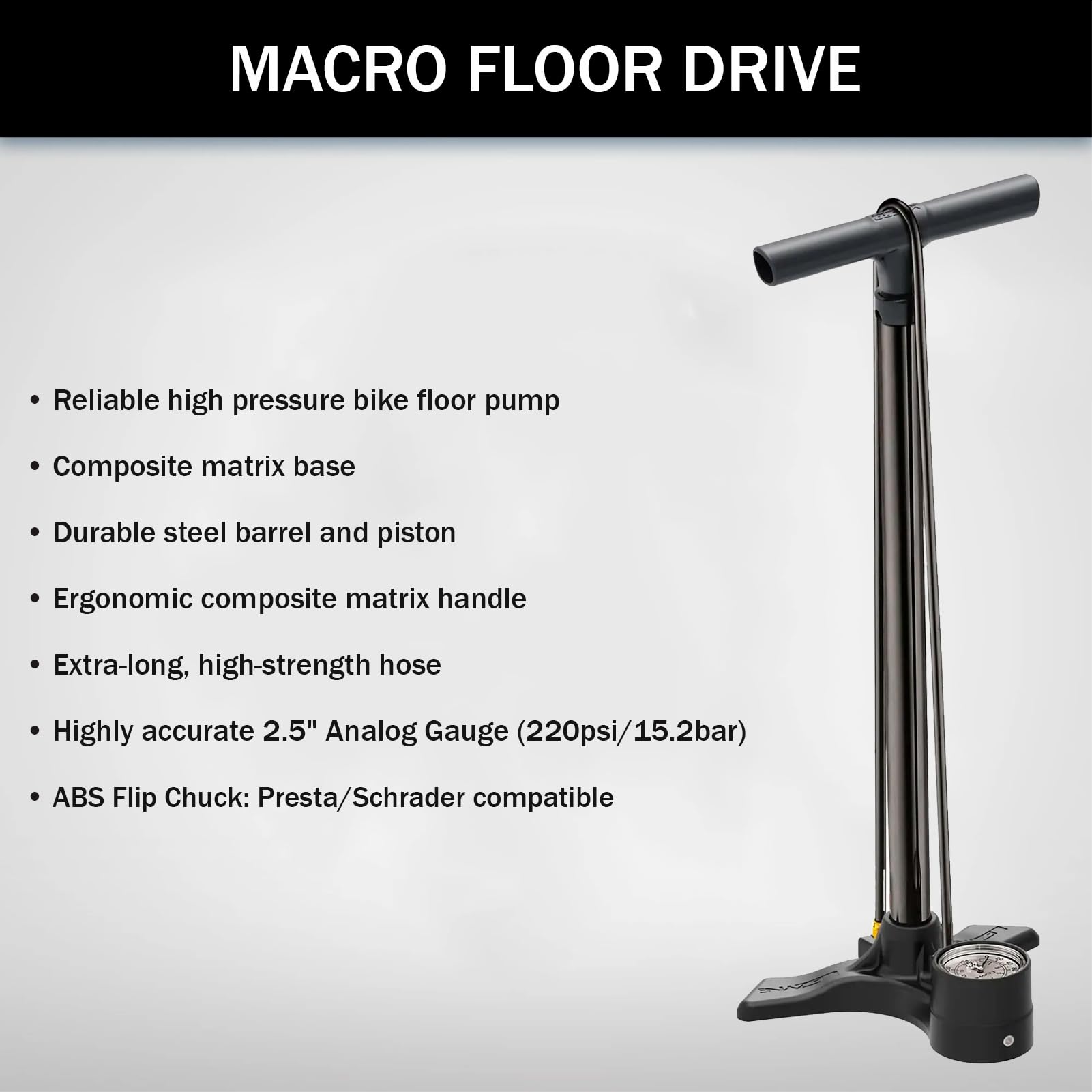 Lezyne Macro Floor Drive pompka do roweru czarna błyszcząca