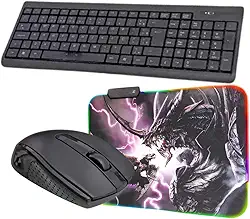 Kit Teclado e Mouse Sem Fio Optical Sem Fio 2.4 Ghz+ Mousepad Gamer RGB Antiderrapante Luz Led 35x25cm