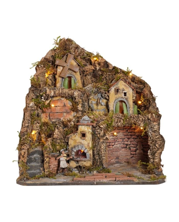 Chianese Presepe Napoletano Artigianale con Cascata, Luci, Forno, Mulino e Fontana, Dimensioni 47x40x47 cm, Compatibile con Pastori da 6-7 cm