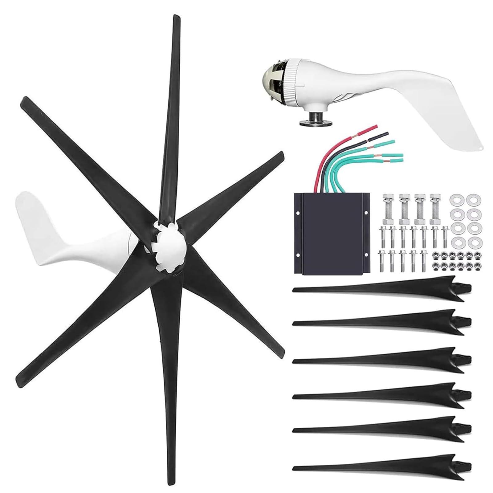 Turbina Eolica Verticale, 6000W 12V 24V 48V Piccolo Mulino a Vento Generatore di Energia Kit di Energia Eolica per Illuminazione Esterna/Stradale con Controller MPPT (Nero)