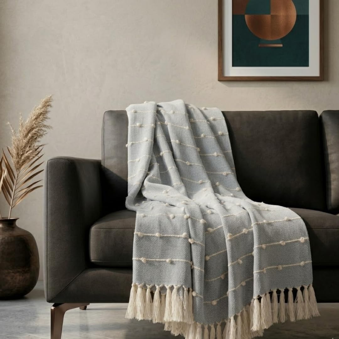 SAJAVAT HOME Hand-Knitted Cotton Sofa Throw | All-Season Throw Blanket for Sofa, Bed, Couch, Chair & Travel | 80×52 Inches (204×132 cm) | Grey with Tassels | Pack of 1