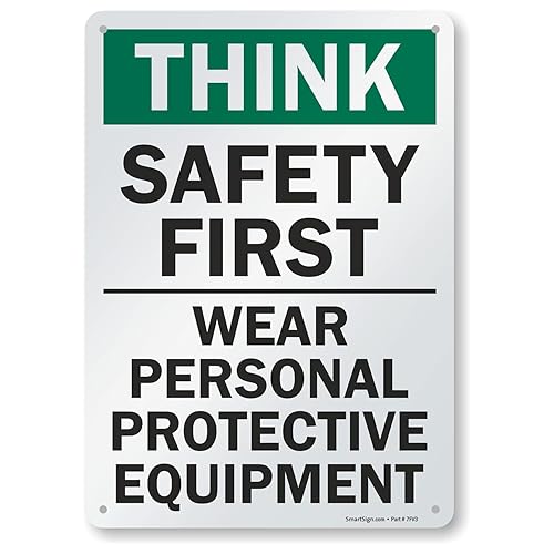 SmartSign - S-2917-AL-14 Letrero "Think Safety First - Use equipo de protección personal"  Aluminio de 10" x 14" Aluminio 10" x 14" Aluminio no