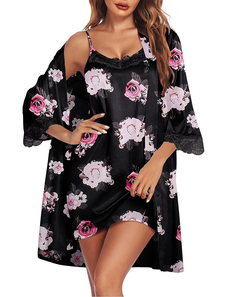 Women's Floral Print Satin Nighty with Robe Set | Soft Silky Sleepwear Lingerie Nightdress | Adjustable Strap Chemise & Matching Kimono Robe | Comfortable Nightwear for Women | Navy Blue-picture-44