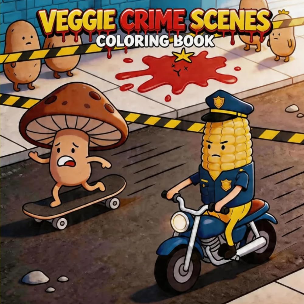 Veggie Crime Scenes: A Parodic Cute & Cozy Coloring Book feauturing Fruits and Vegetables Crimes for Adults with 40 Comfy Desings
