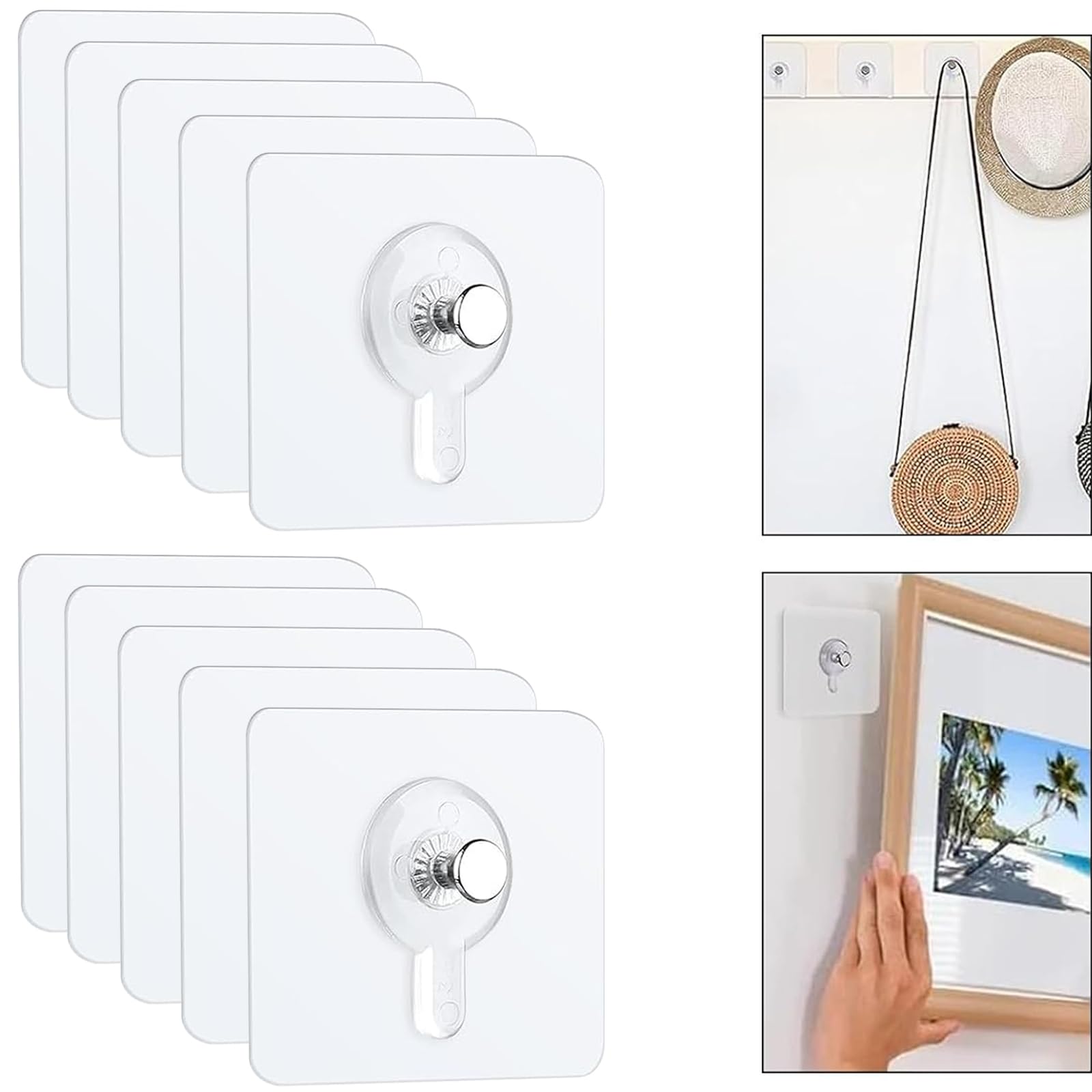 10PCS Self Adhesive Picture Hooks - Photo Frame Hooks Without Drilling, Heavy Duty Nail Free for Hanging Photo Frame, Wall Clock, Kitchen Accessories, Living Room, Bathroom, Maximum Weight 10 KG