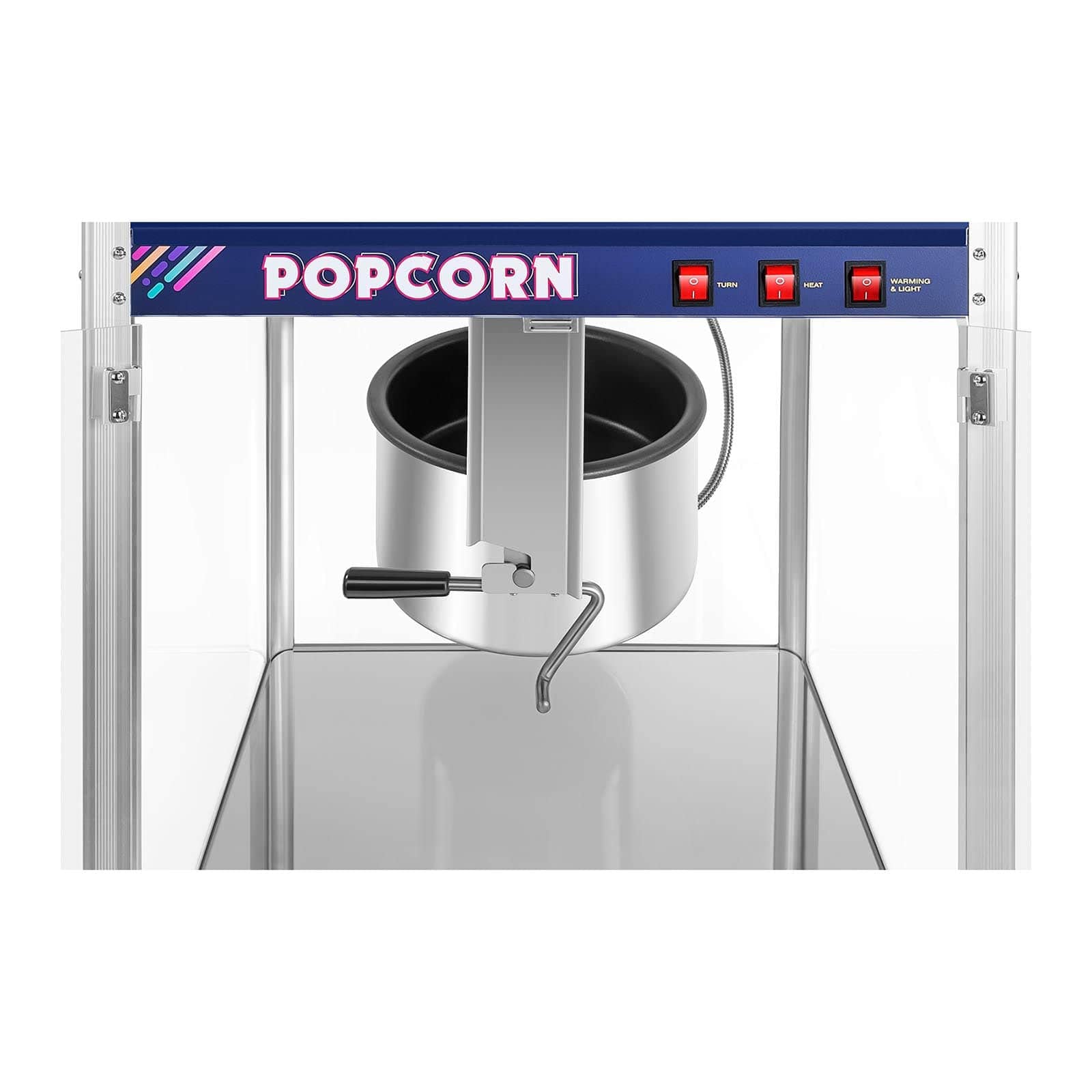 Royal Catering XXL-Popcornmaschine 2350 W 8 kg/h 193 L beleuchteter Innenraum Blau Wärmefunktion entnehmbarer Topf mit Antihaftbeschichtung Krümelschublade Popcornmaker