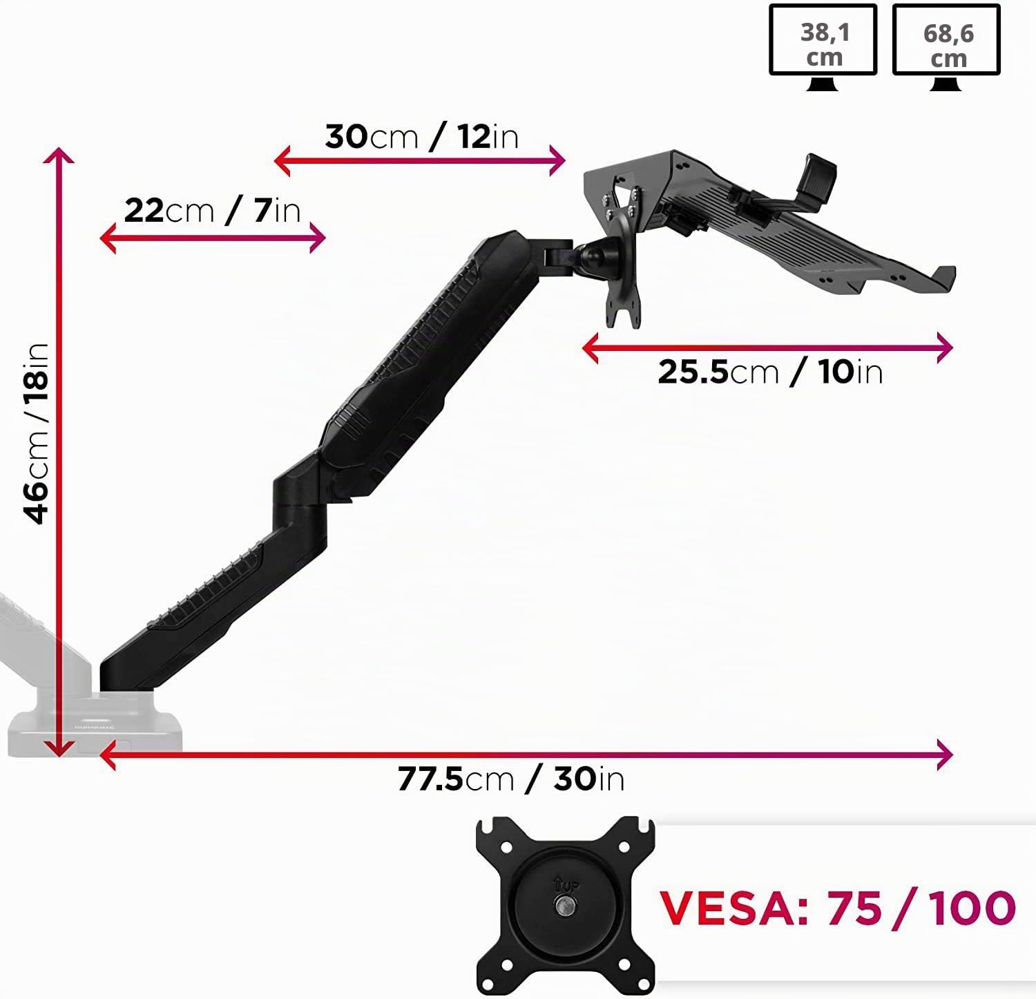 Duronic DMDCL1X1 Support d’écran et Ordinateur Portable VESA 75 100 | Bras pour moniteur d’ordinateur 15 à 27 pouces Support pour laptop Rotatif 360° Inclinable 85° Pivot 180° Charge max 6,5 kg