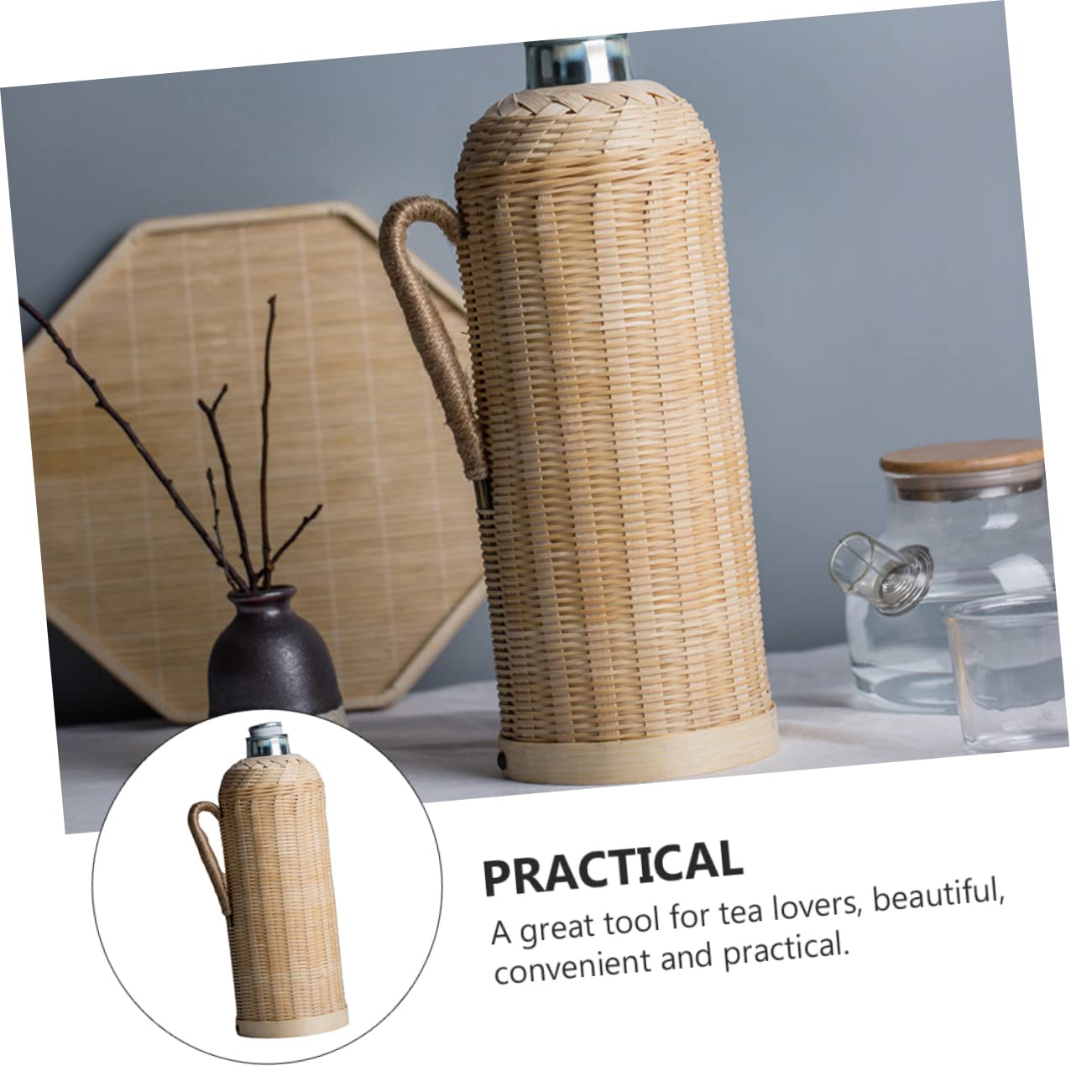 Bottiglia Termica in Vetro e Bambù Rattan da 2l, Stile Retrò
