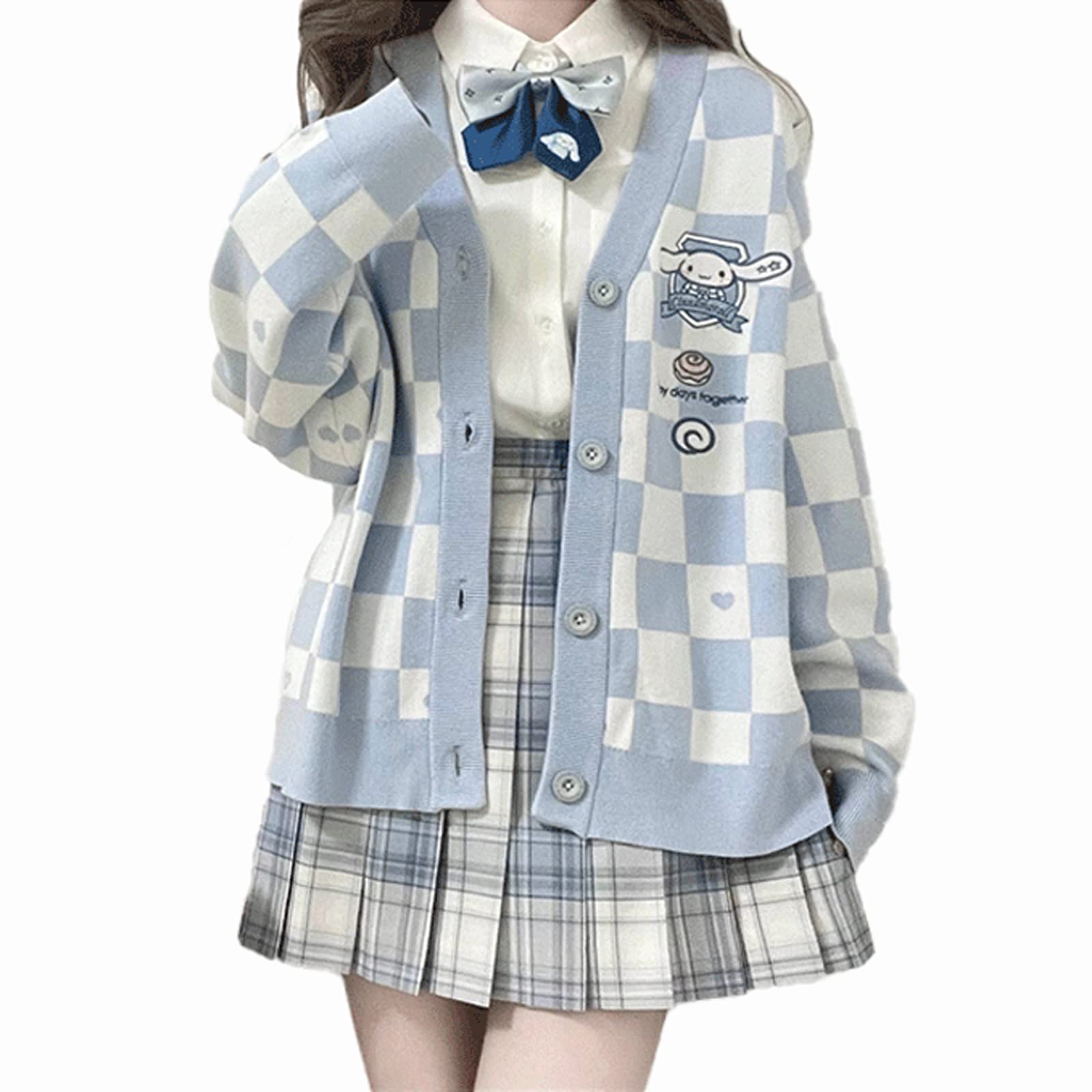 Kawaii Sweater Anime Plaid Cardigan Sweaters Cardigan for Women Cosplay Costume V Neck Long Sleeve