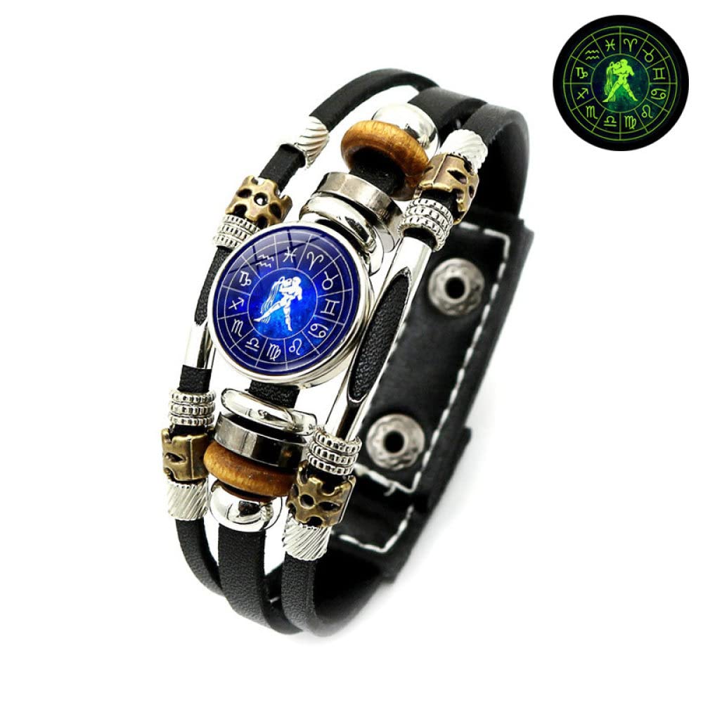 CECE&COLE Bracciale con Segni Zodiacali, Bracciale in Pelle Multistrato Intrecciata con 12 Costellazioni, Gioielli Zodiacali Che Si Illuminano al Buio, Regali per Donne, Uomini, Acquario, Regolabile