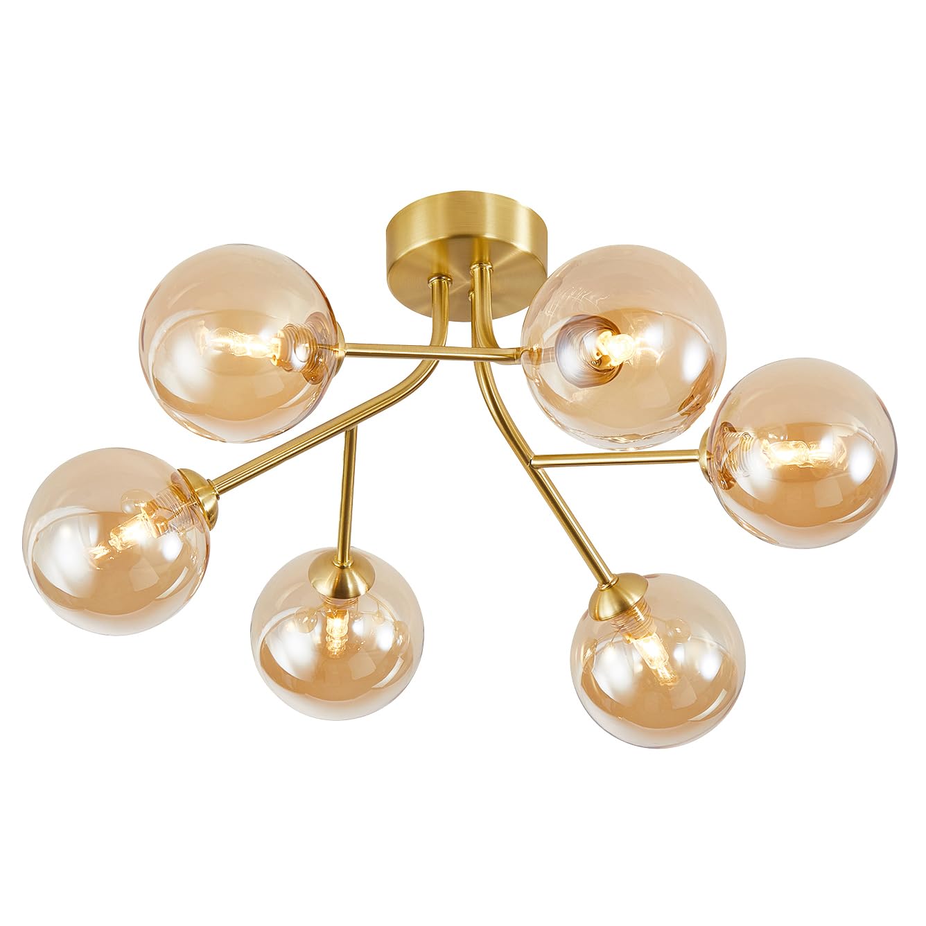 Happy Homewares Gold Designer Satin 6-Arm Ceiling Light Fixture With Amber Tinted Glass Shades | X 44Cm | 6 X 5W G9 Led | Double Branch Metal Arms By 22Cm
