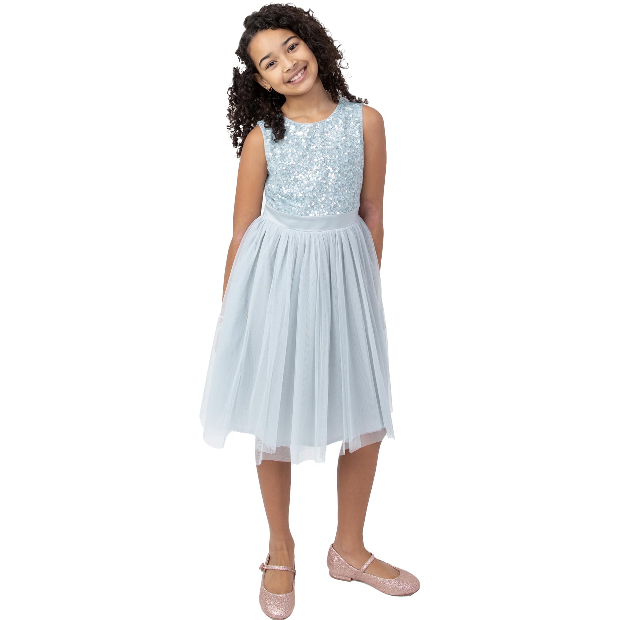 Maya Deluxe Girl's Midi Dress Sequins Embellished Party Tutu Bridesmaids Wedding with Belt Bow, Ice Blue, 9 Years