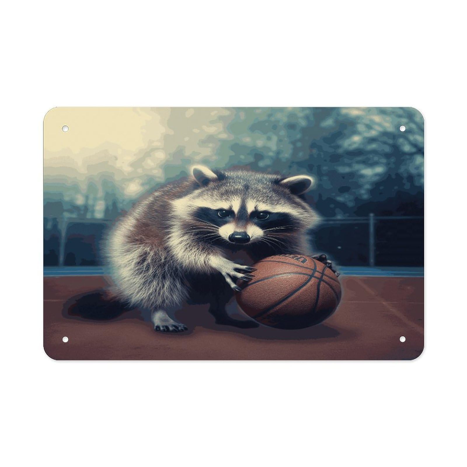 Fekiloot Style Funny Raccoon Basketball Metal Signs Wall Art Tin Sign