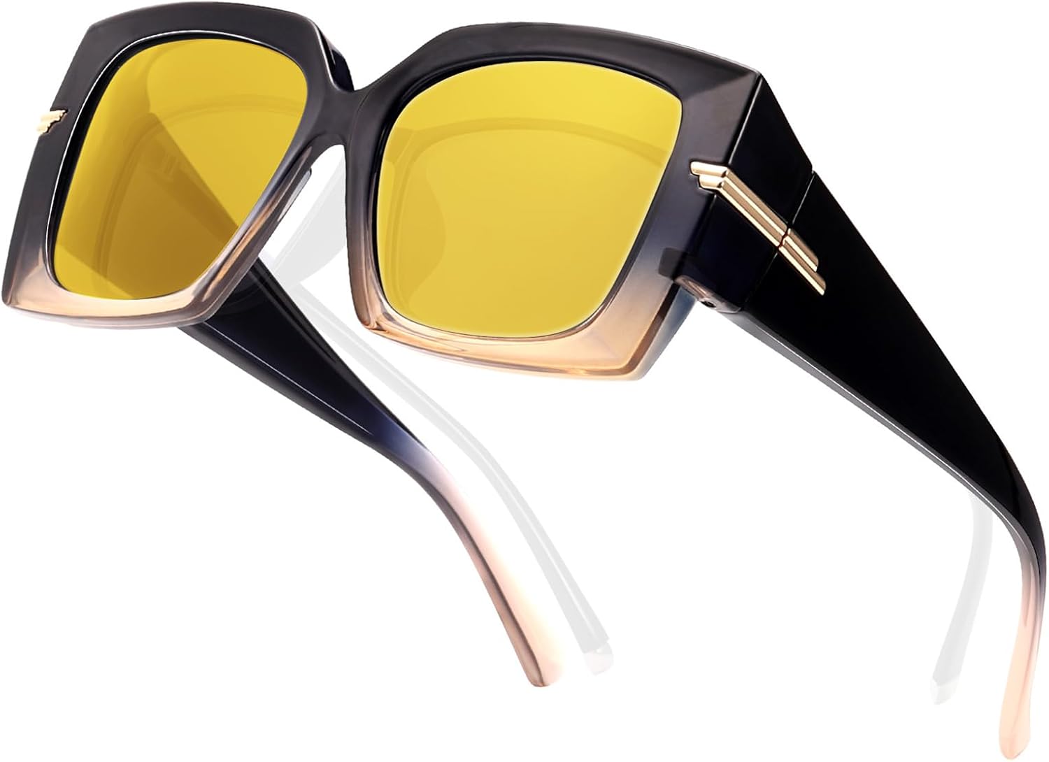 LVIOE Oversized Women Night Vision Glasses for Driving Fit Over Glasses with Polarized Yellow Tinted Lenses LN7519 A02 Black + Brown