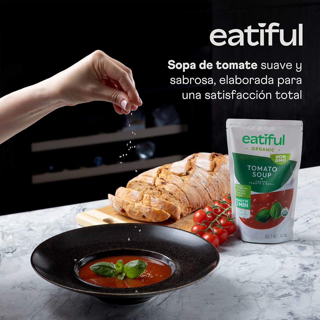 EATIFUL Sopa de Tomate Orgánica, Lista para Comer, Vegana y a Base de Plantas, Sopa Cremosa de Tomates, Sin Conservantes Añadidos, Sin Gluten, NO GMO, 400g (Paquete de 1)