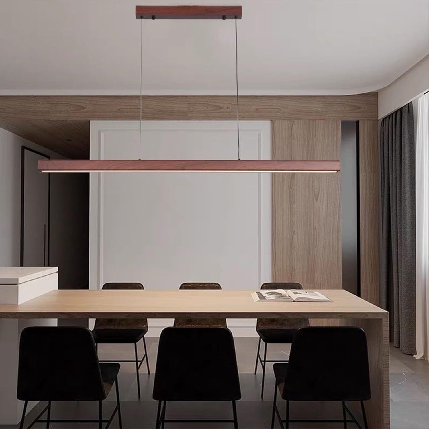 KXEcoLife Linear Pendant Lamp with Remote Control, LED Dining Table Wood Dimmable, Design Lamp, Chandelier for Room Kitchen Office (Wood-1, 120cm)