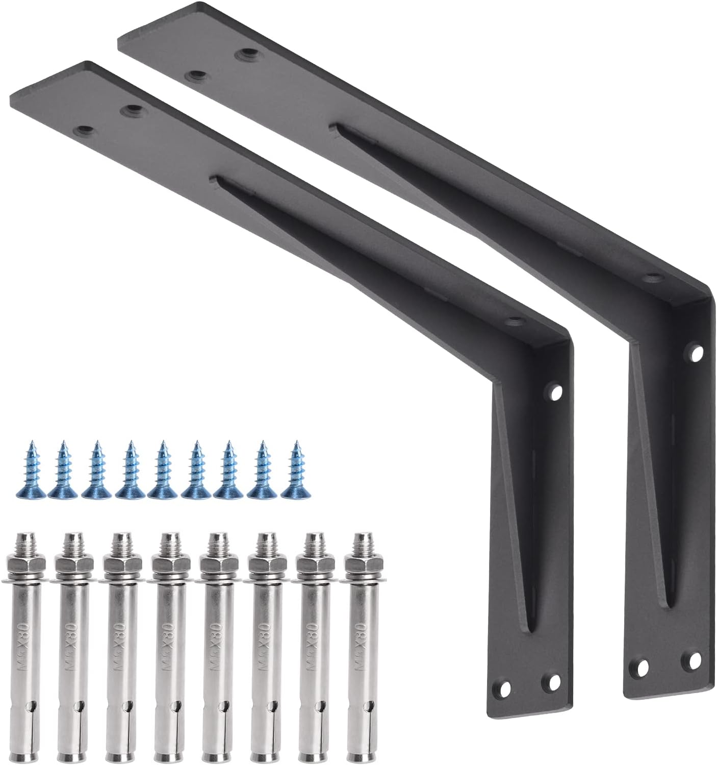 YUMORE Countertop Support Bracket Heavy Duty 14x8x2 in, 1/5IN Thicken Solid L Brackets Countertop Bar Shelf Bracket, Includes Hardware, Matte Black, 2 Pack
