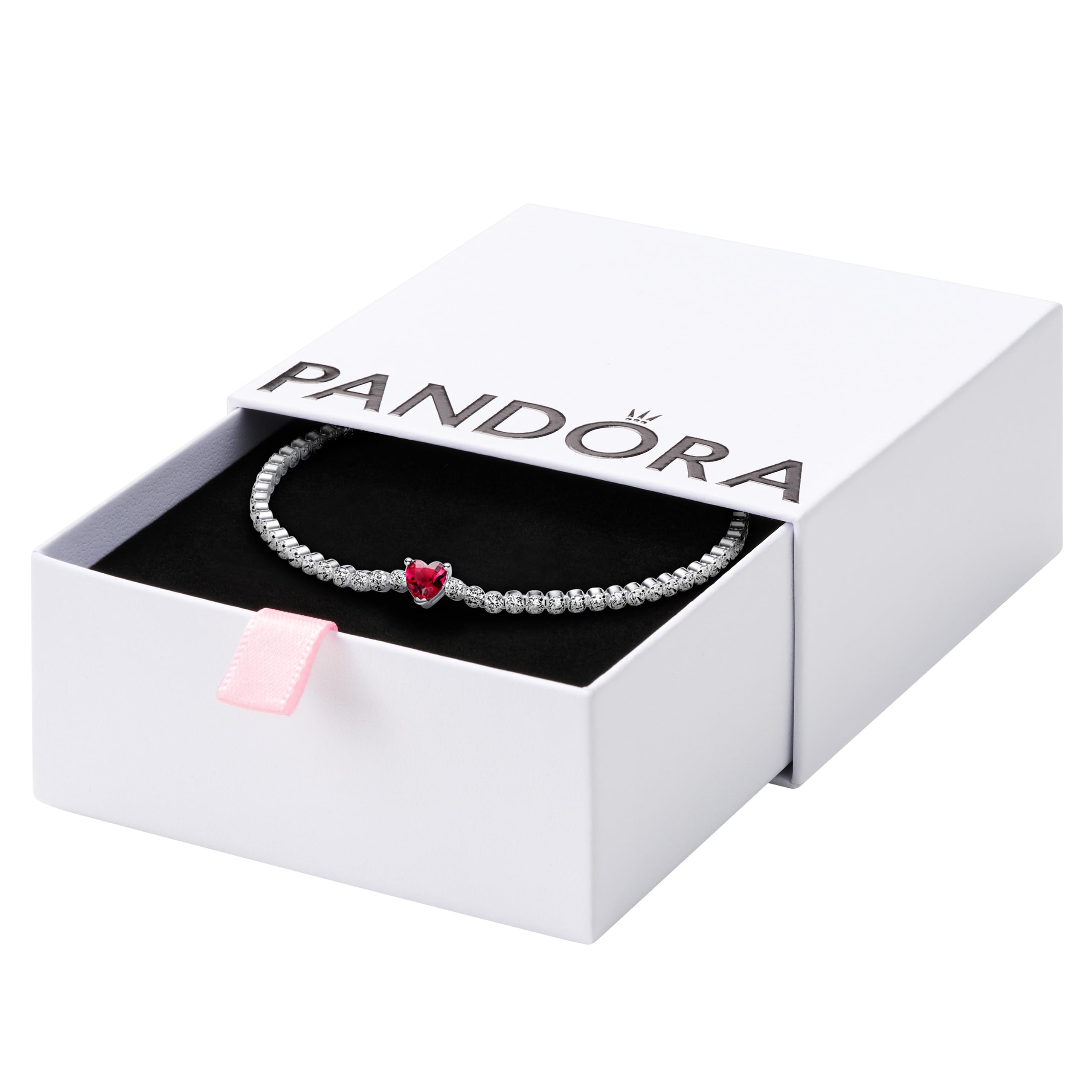 Pandora Timeless Tennisarmband Herz, Sterlingsilber, mit rotem Kristall und klarem Cubic Zirkonia