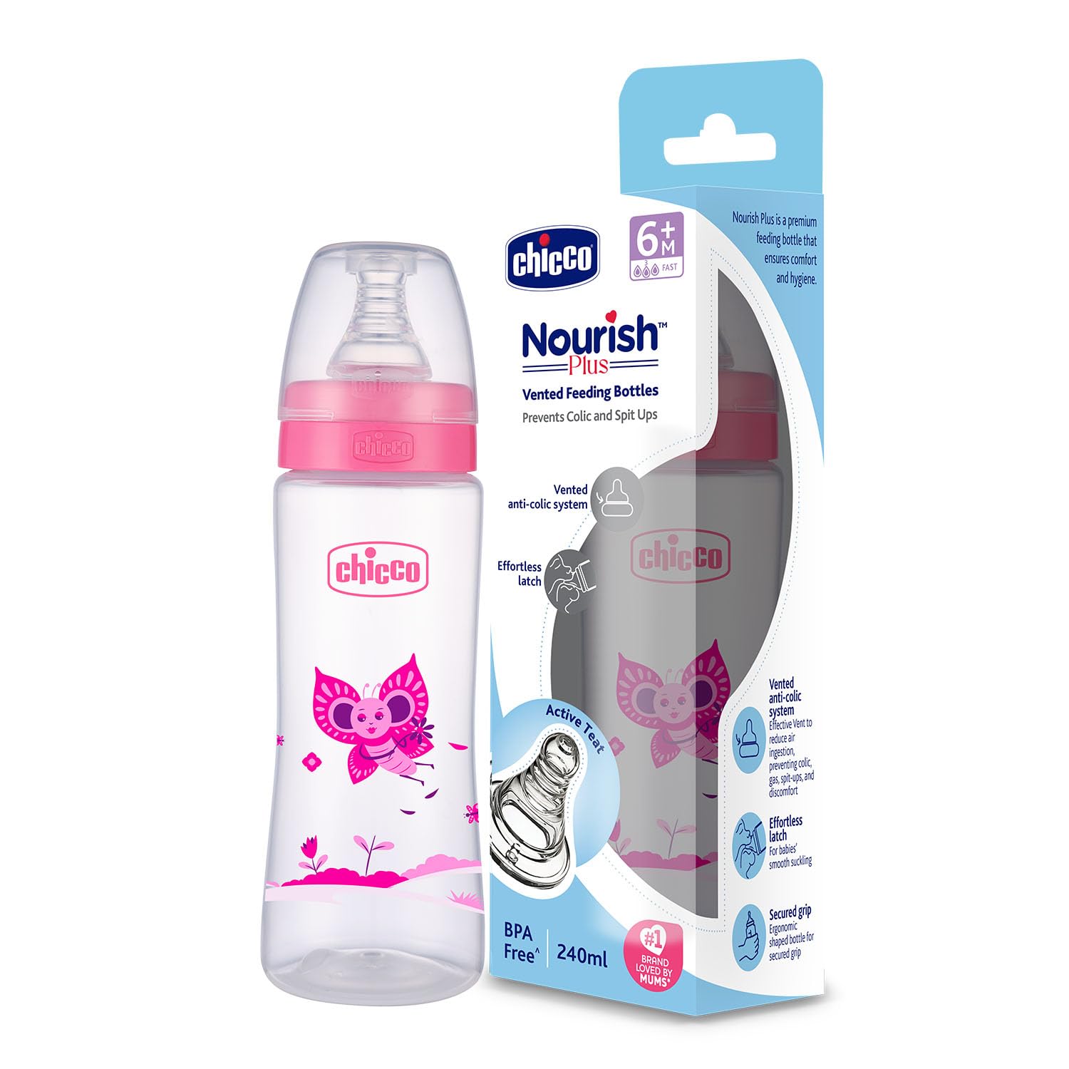 Chicco Nourish Plus Feeding Bottle Pink Fast 6M+ 240 ml-image-37