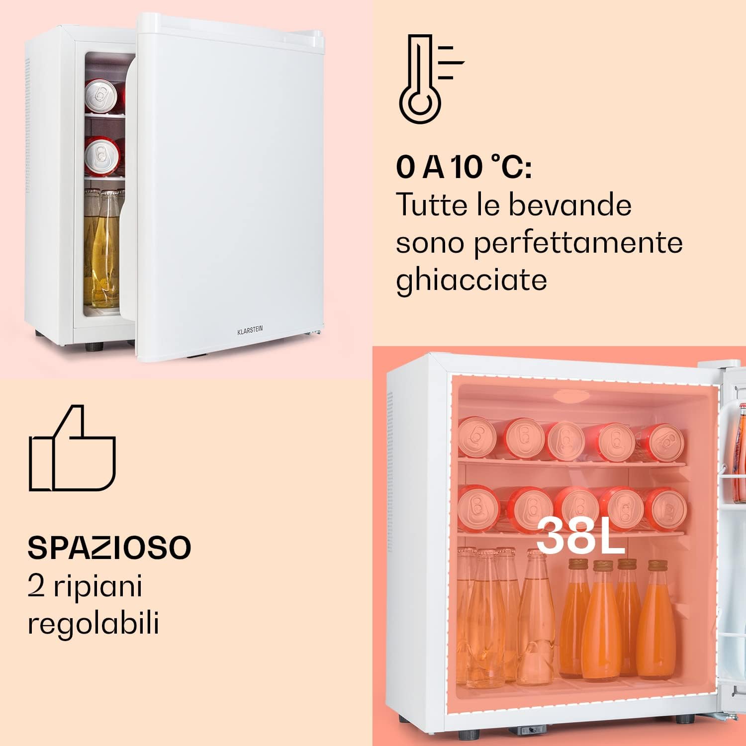Klarstein Happy Hour Mini Frigo, Frigo Portatile da Camera, Frigorifero Piccolo Silenzioso da Ufficio, Mini Frigo Bar con Illuminazione Interna e Ripiani Rimovibili, Frigo Bar da Campeggio 6-18°C, 38L Klarstein Happy Hour Mini Frigo, Frigo Portatile da Camera, Frigorifero Piccolo Silenzioso da Ufficio, Mini Frigo Bar con Illuminazione Interna e Ripiani Rimovibili, Frigo Bar da Campeggio 6-18°C, 38L