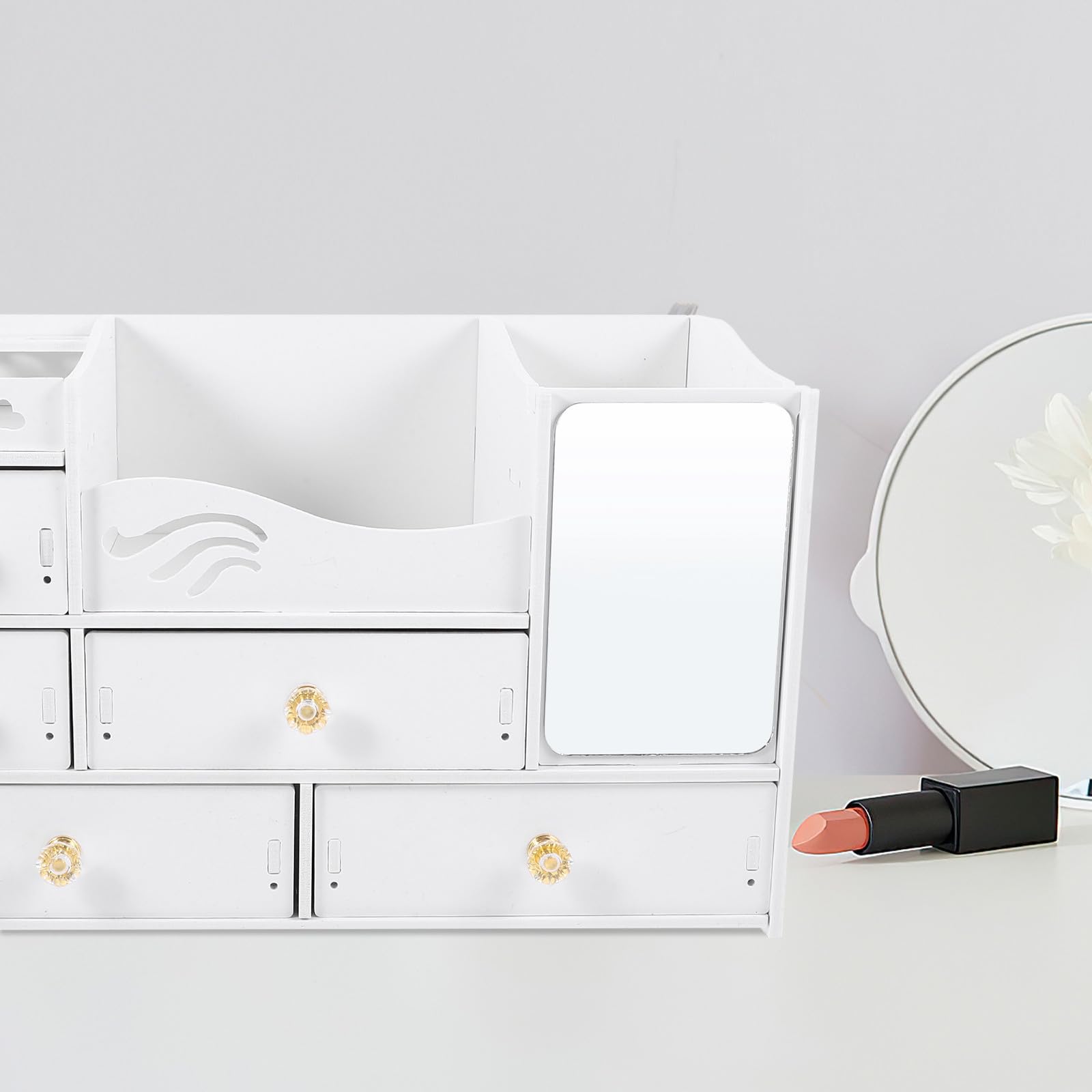Scatola Organizer Cosmetici da Tavolo con Cassetti, Bianco | Capienza Ampia, Pvc e Pannello Legno-plastica, Accesso Rapido Sul Piano, Struttura Semplice e Decorativa