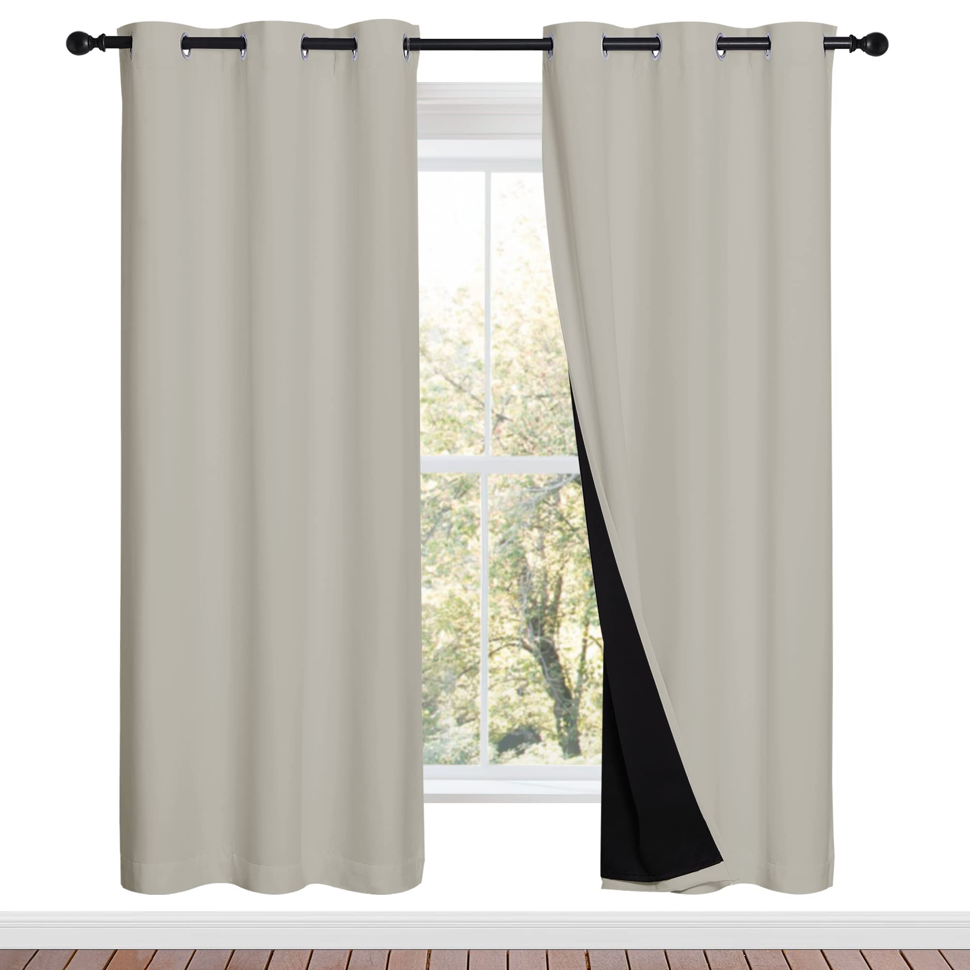 NICETOWN 100% Blackout Window Curtain Panels, Full Light Blocking Drapes with Black Liner for Nursery, 72-inch Drop Thermal Insulated Draperies (Natural, 2 Pieces, 42-inch Wide Per Panel)