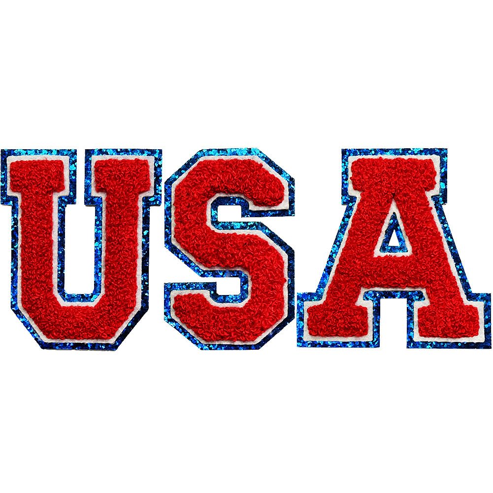 Iron on Patches Sew On Alphabet Patch Letter Number Patches for Clothing Accessory Decor Supplies Multicolour USA/w Blue Edge,Pack of 3