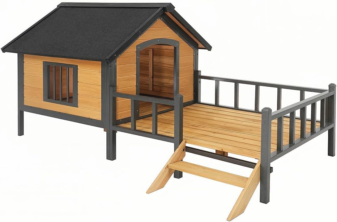 Large Outdoor Cabin Dog House with Elevated Floor and Porch, Weatherproof Wooden Dog Kennel Houses, Pet Puppy Shelter for Small to Large Dogs (Brown)