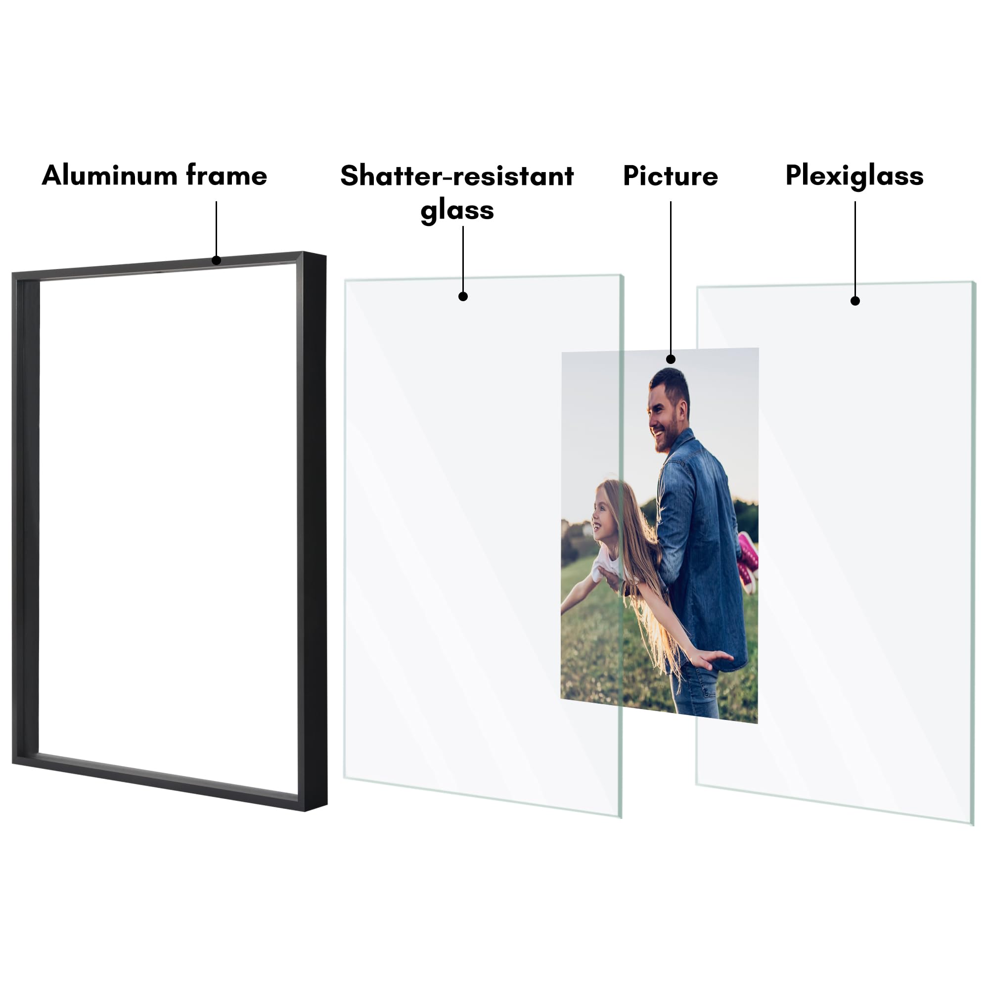 Americanflat Schwebender Aluminium-Bilderrahmen, 40,6 x 50,8 cm, Schwarz – Verwendung als 40,6 x 50,8 cm Bilderrahmen oder 28,9 x 35,6 cm – Fotorahmen mit schmaler Metallform und poliertem Plexiglas