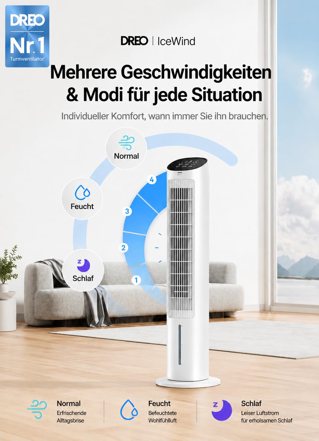 DREO Turmventilator mit Kühlung leise, Ventilator mit Wasserkühlung, 102 cm Luftkühler, Verdunstungskühler mit 80° Schwenkfunktion, 3 Modi, 4 Geschwindigkeiten, Fernbedienung, Weiß