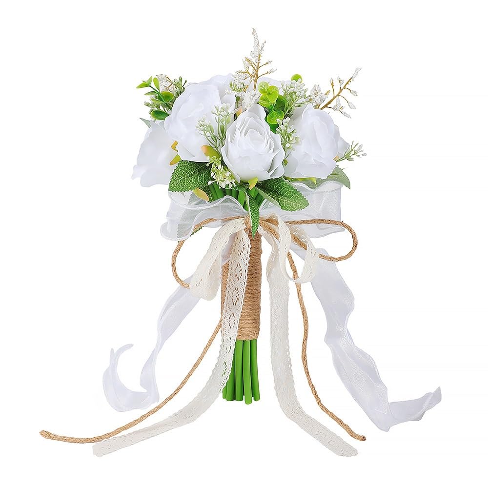 Huffa Greenandwhite Elegant White Rose Wedding Bouquet For Bride And Bridesmaids | Beautiful Floral Arrangement For Weddings